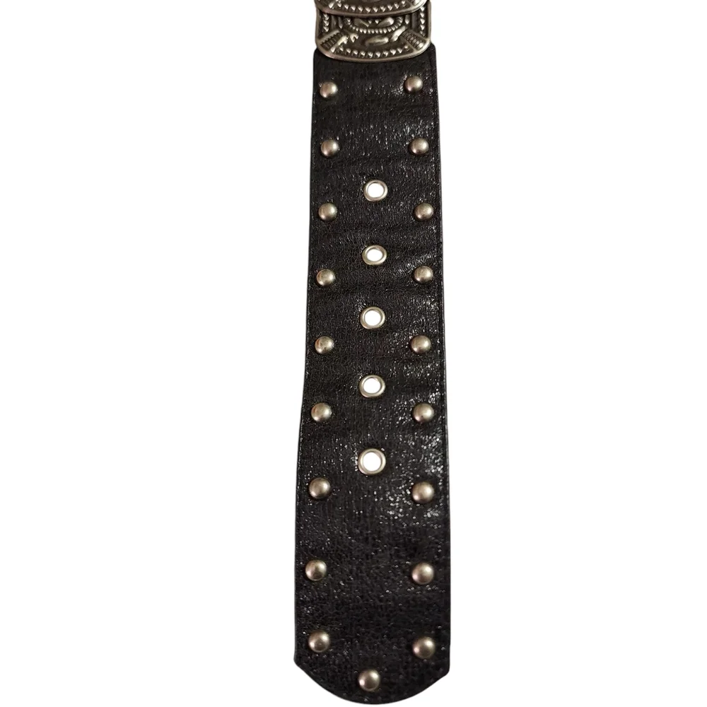 Vintage 90s Y2K Metal Disc Hammered  Stretch Belt w/Large Chunky Buckle |Size XL